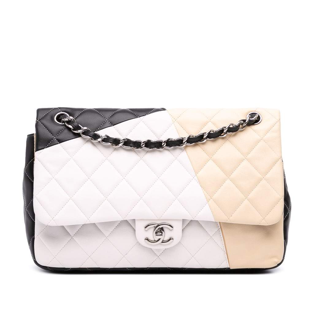 Chanel Jumbo Classic Tricolor Lambskin Colorblock Double Flap Brown Leather Good - Front View