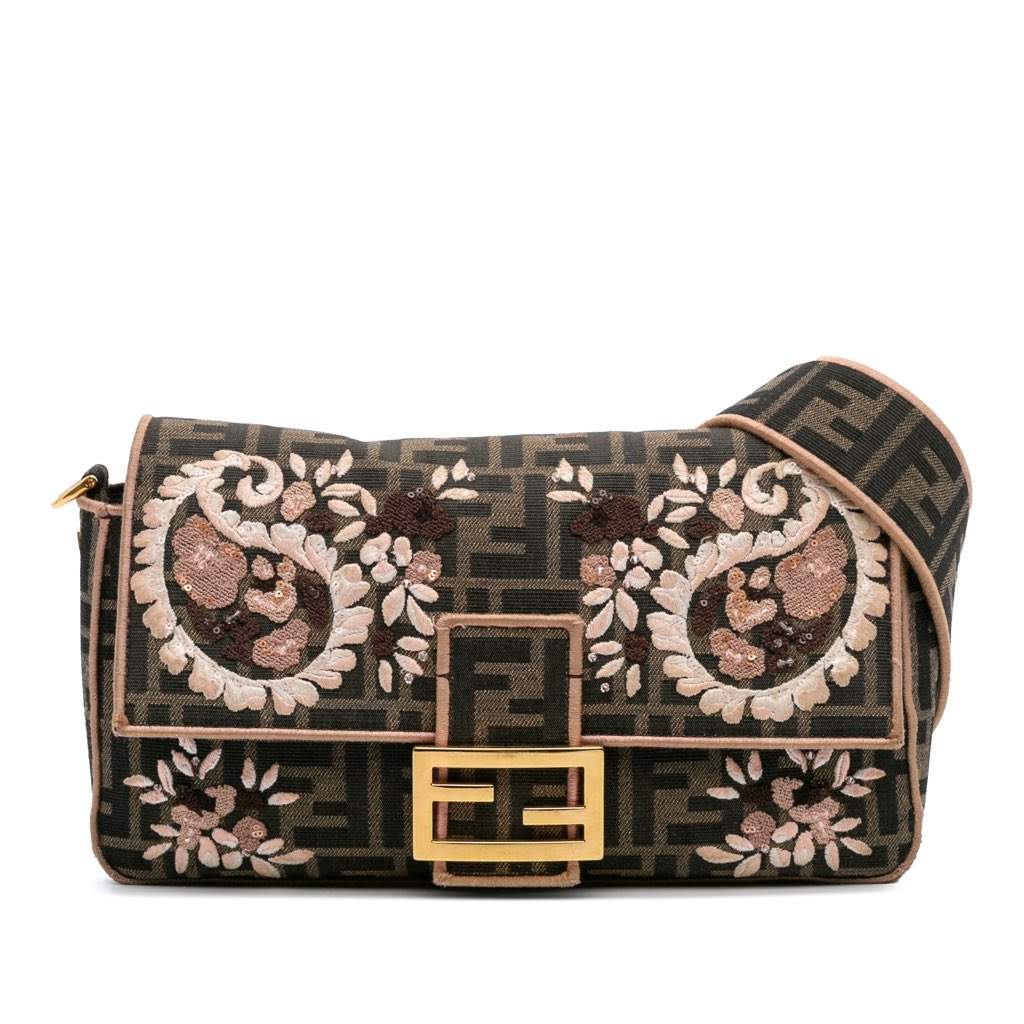 Fendi Zucca Canvas Paisley Embroidery Baguette Satchel Brown Canvas Good - Front View