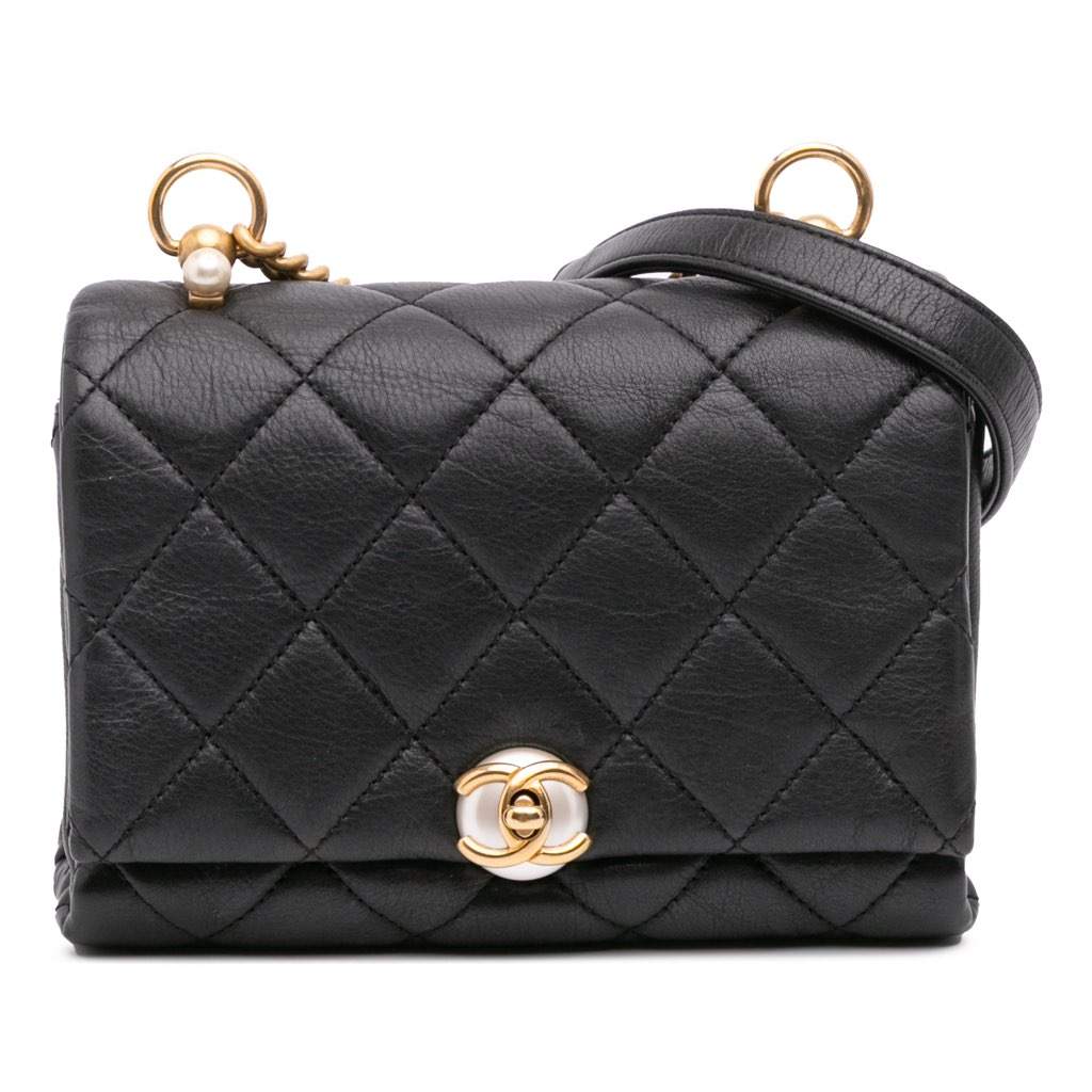 Chanel Mini Quilted Calfskin Pearl CC Accordion Flap Black Leather Very good - Front View