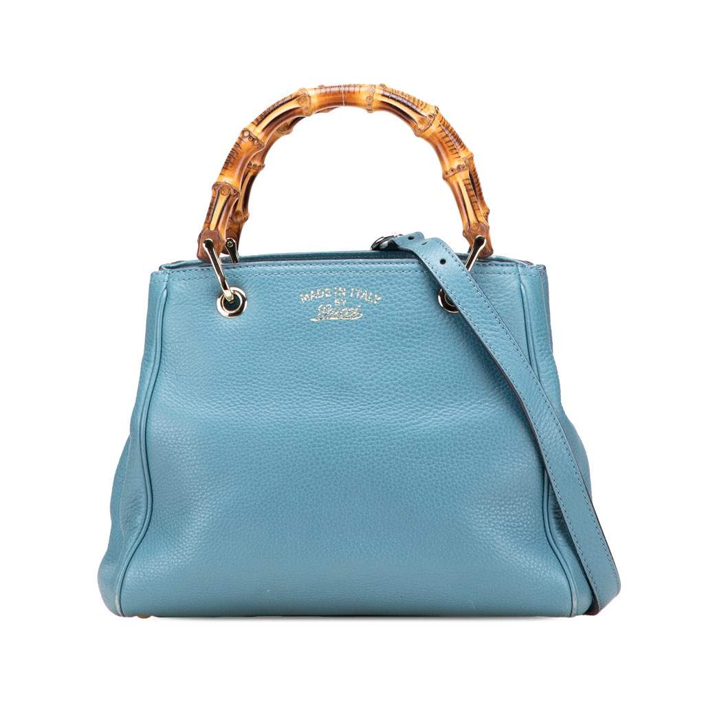 Gucci Small Calfskin Bamboo Shopper Satchel Blue Leather Good - Front View