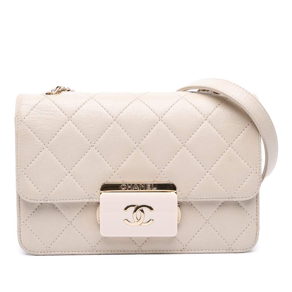 Chanel Mini Lambskin Beauty Lock Flap White Leather Good - Front View