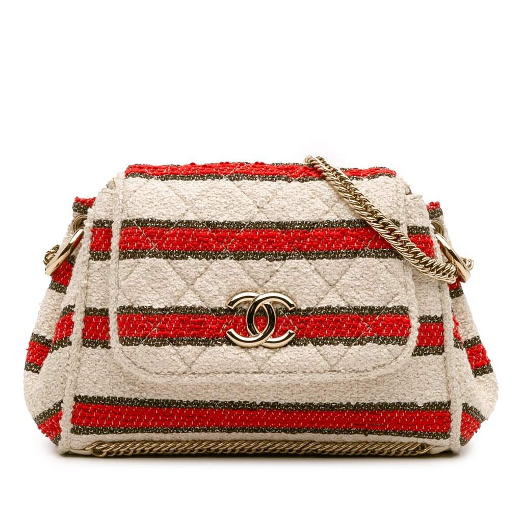 Chanel CC Quilted Tweed Striped Single Flap White Tweed Good - Front View
