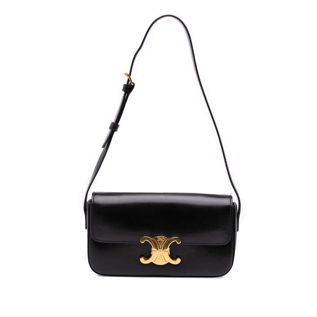 Celine Shiny Calfskin Claude Shoulder Bag Black Leather Good - Front View