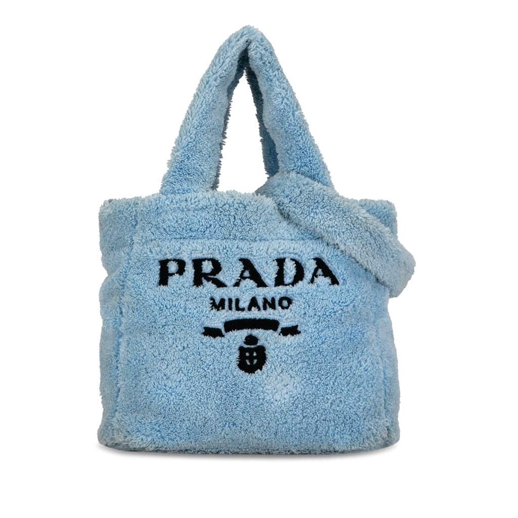 Prada Spugna Logo Terrycloth Tote Blue Cotton Good - Front View