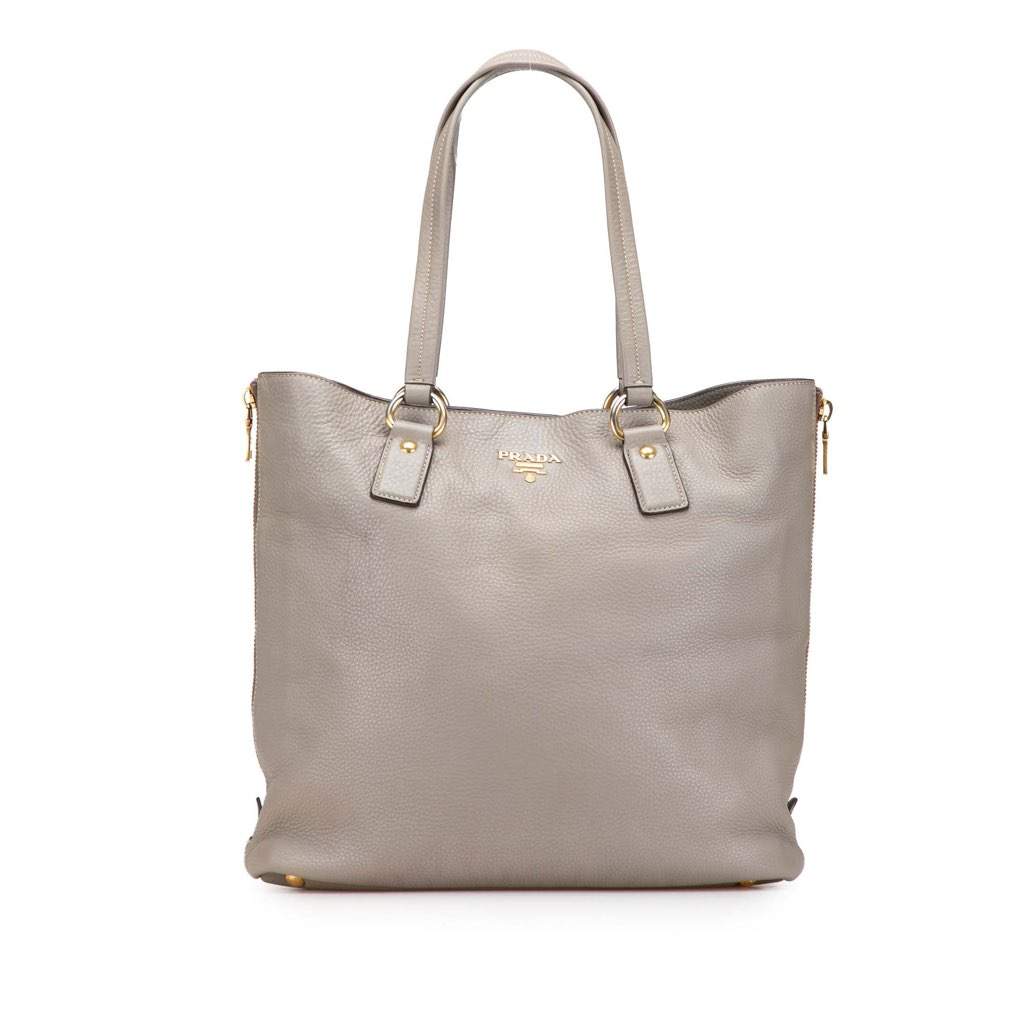 Prada Vitello Daino Side Zip Shopper Tote Grey Leather Very good - Front View