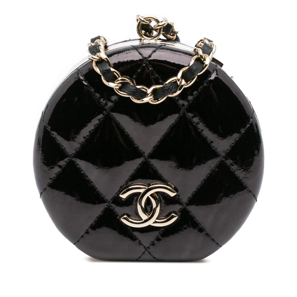 Chanel Quilted Patent Round Mirror Chain Necklace Black Leather Very good - Front View