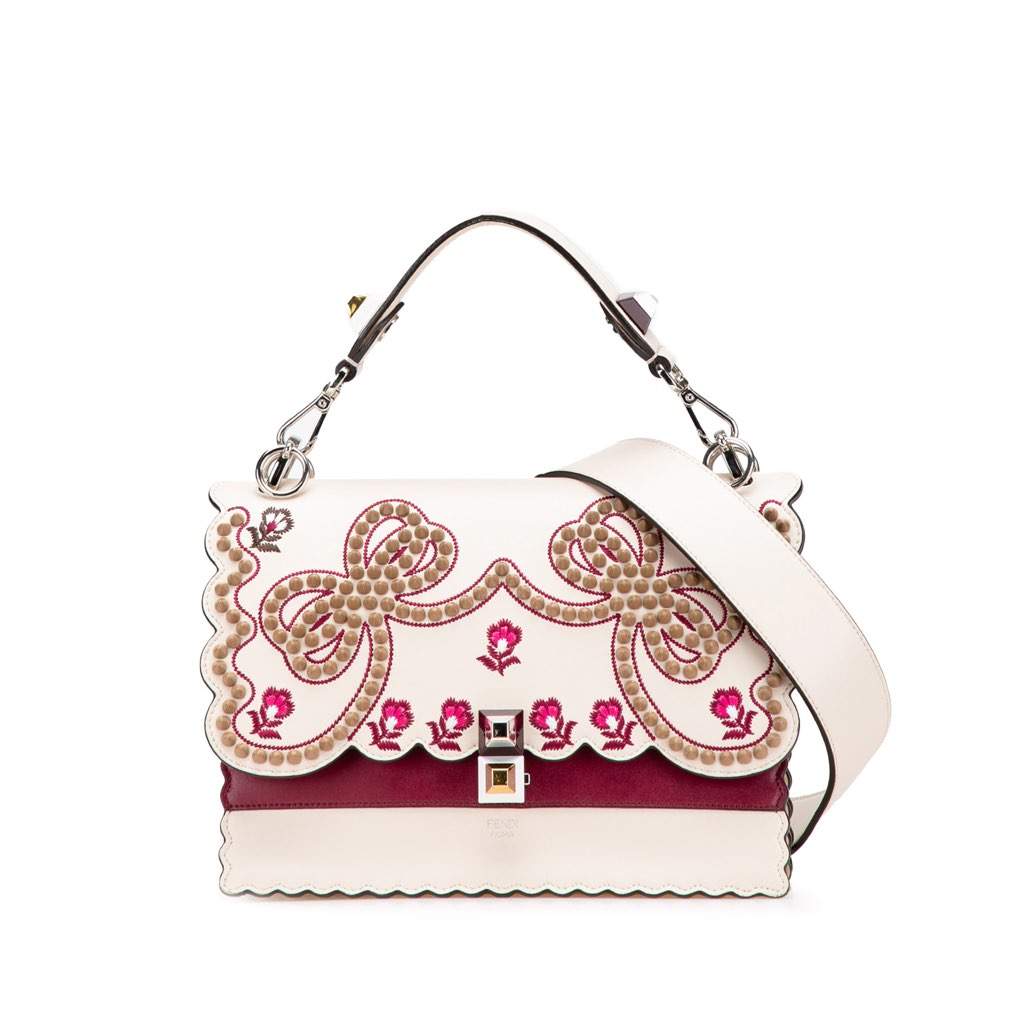 Fendi Medium Vitello Liberty Lucido Flowers and Bows Scalloped Studded Kan I Satchel Brown Leather Very good - Front View