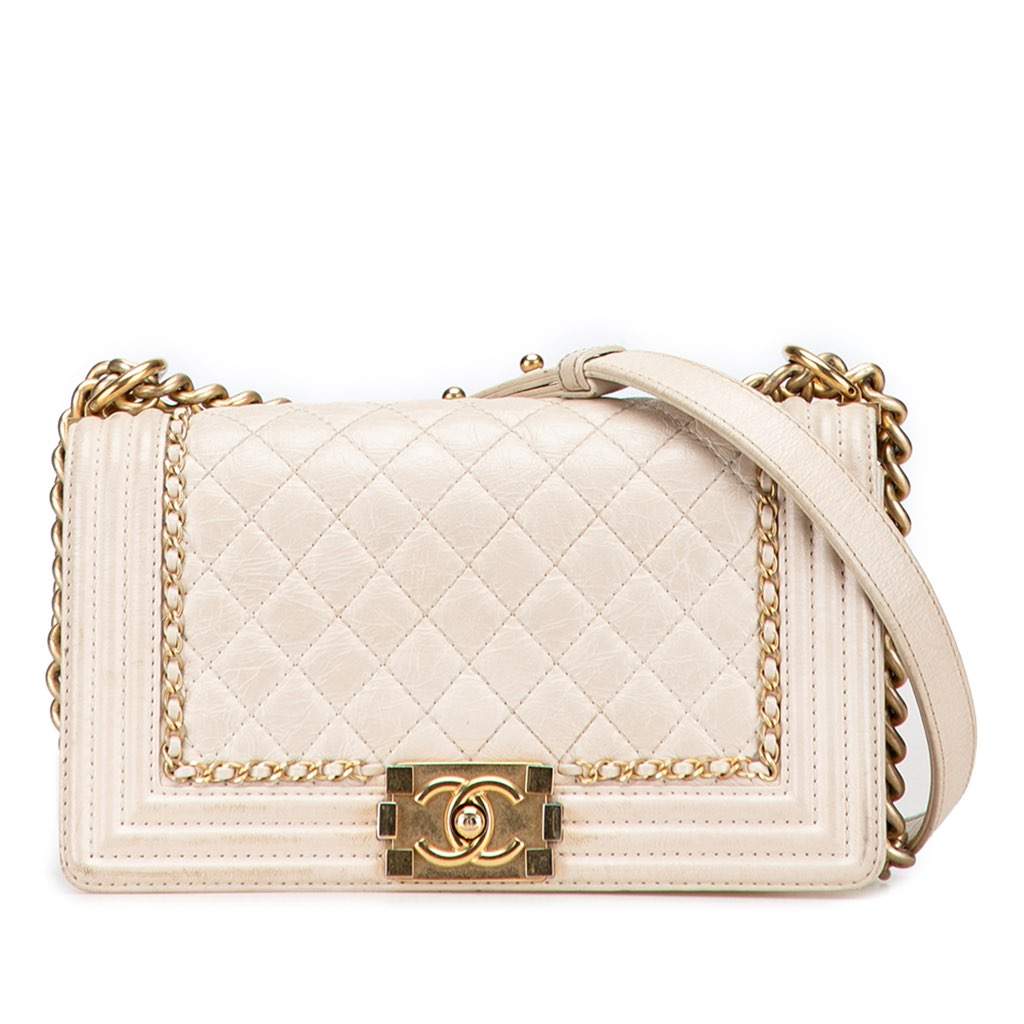 Chanel Old Medium Quilted Aged Calfskin Jacket Boy Flap White Leather Good - Front View