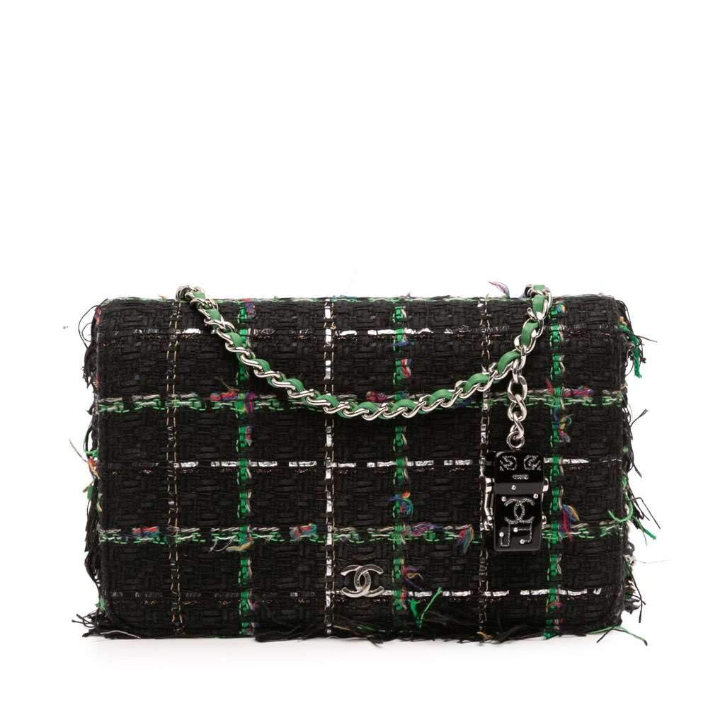 Chanel Quilted Boucle Tweed Robot Charm Wallet On Chain Black Tweed Good - Front View