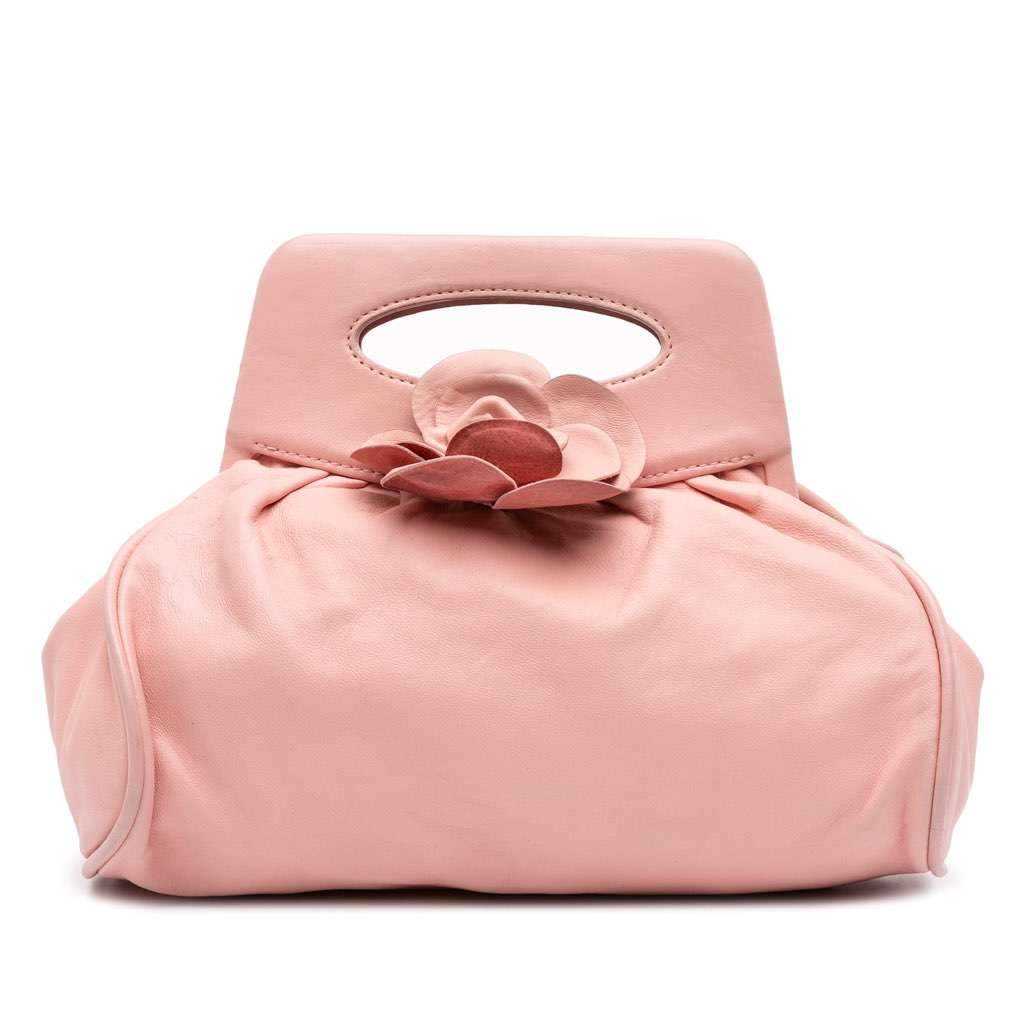 Chanel Lambskin Camellia Top Handle Frame Bag Pink Leather Good - Front View
