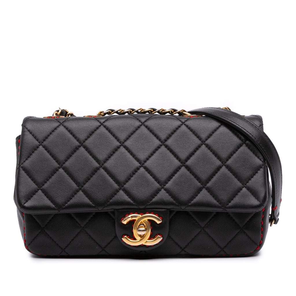 Chanel CC Quilted Lambskin Contrast Stitch Single Flap Black Leather Good - Front View