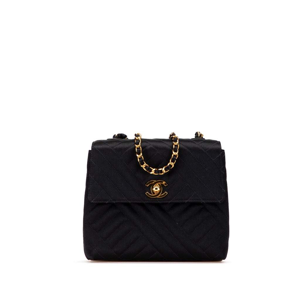 Chanel Mini Square Diagonal Quilted Satin Single Flap Black Satin Very good - Front View