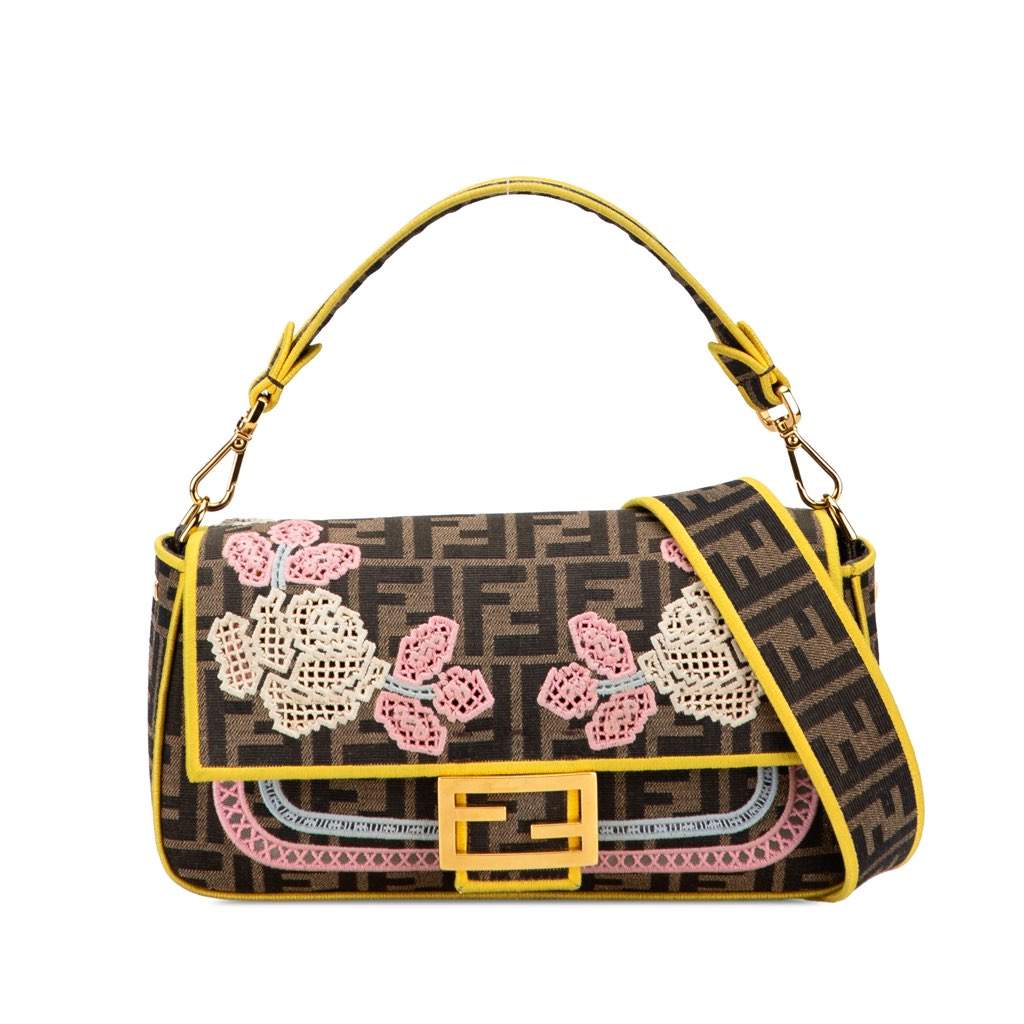 Fendi Zucca Embroidered Canvas Floral Baguette Satchel Brown Canvas Good - Front View