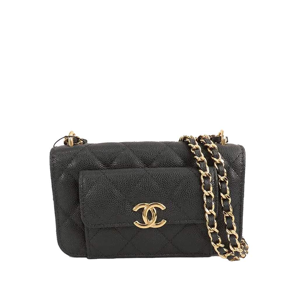 Chanel CC Quilted Caviar Pocket Twins Clutch with Chain Black Leather Good condition - Front View