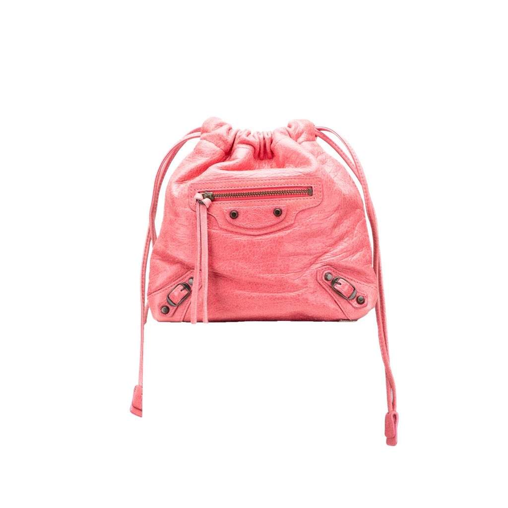 Balenciaga Lambskin Motocross Move On Drawstring Pouch Pink Leather Very good - Front View