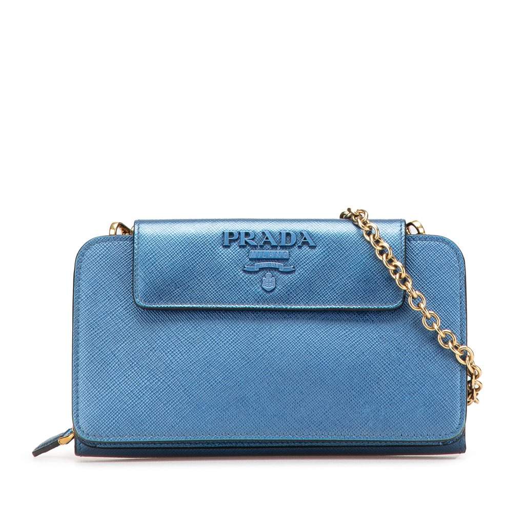 Prada Saffiano Metal Oral Phone Wallet on Chain Blue Leather Good - Front View