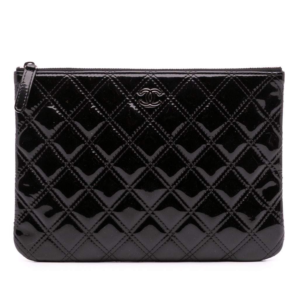 Chanel Medium Quilted Patent O Case Clutch Black Leather Good - Front View