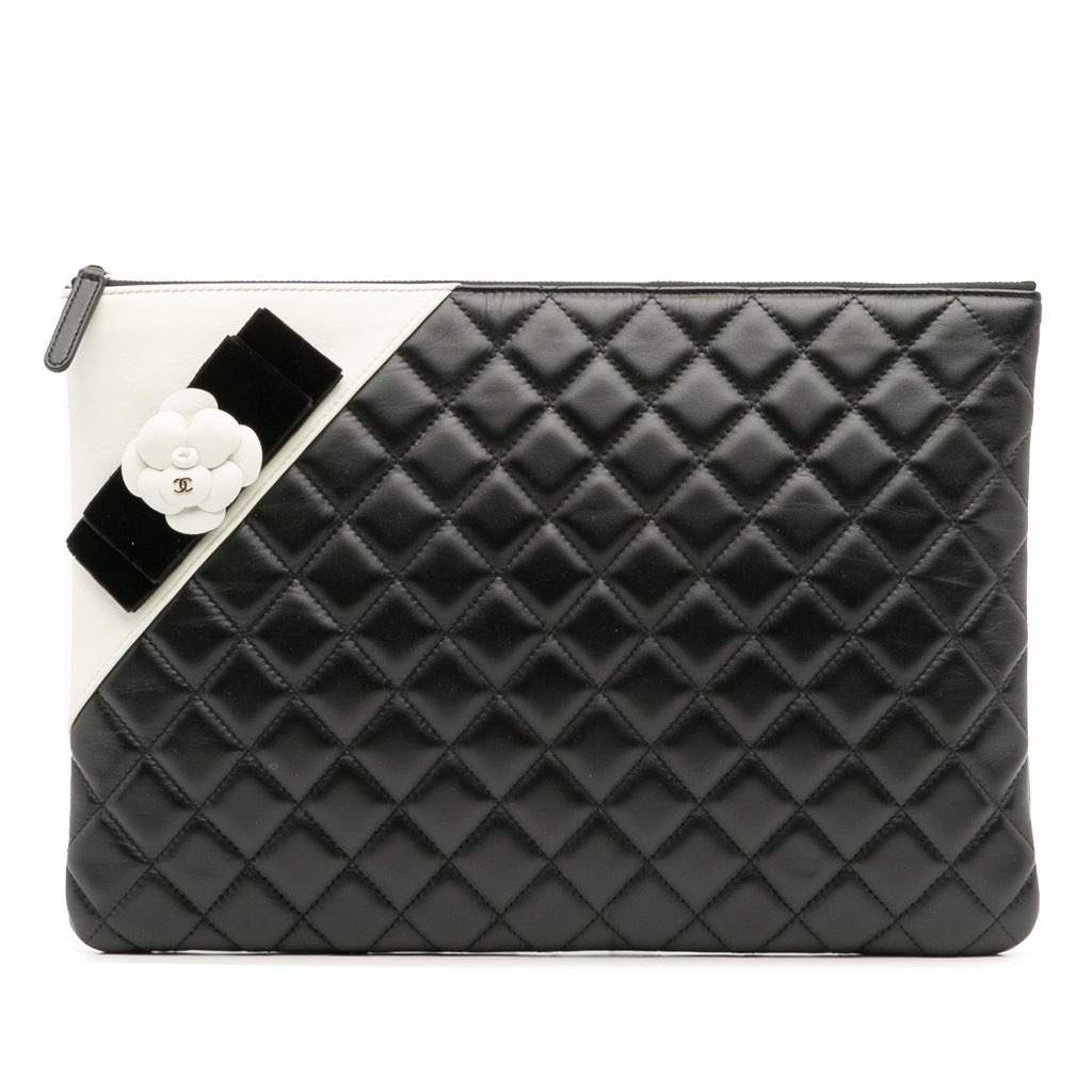 Chanel Large Quilted Lambskin Camellia O Case Clutch Black Leather Good - Front View