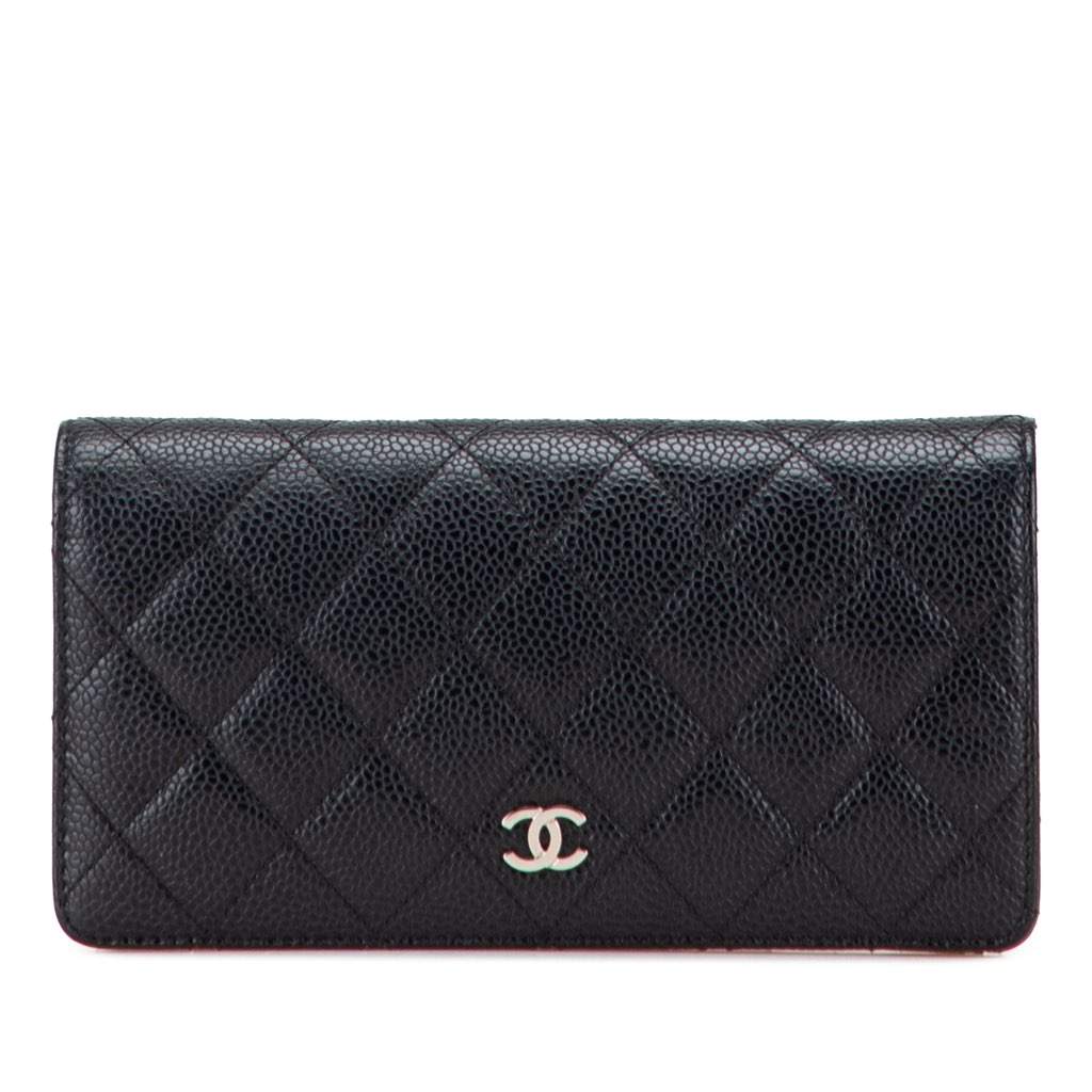 Chanel CC Quilted Caviar Long Wallet Black Leather Good condition - Front View