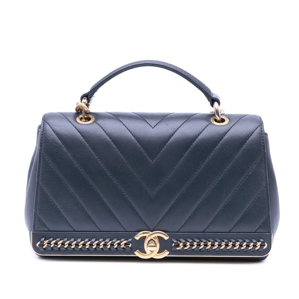 Chanel Chevron Sheepskin Stitched Chain Top Handle Flap Black Leather Good - Front View