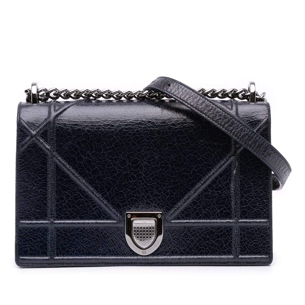 Dior Medium Crackled Deerskin Diorama Flap Blue Leather Good condition - Front View