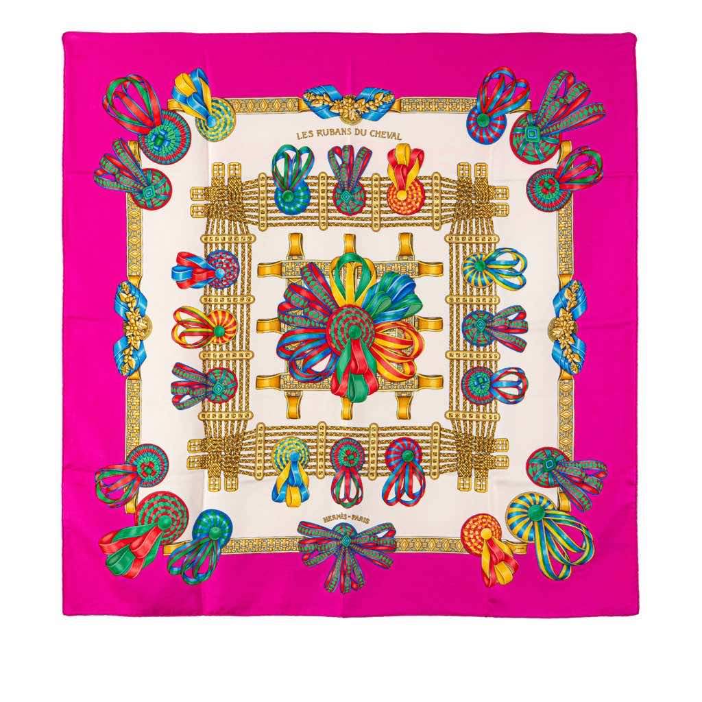 Hermès Les Rubans du Cheval Silk Scarf Pink Silk Good condition - Front View