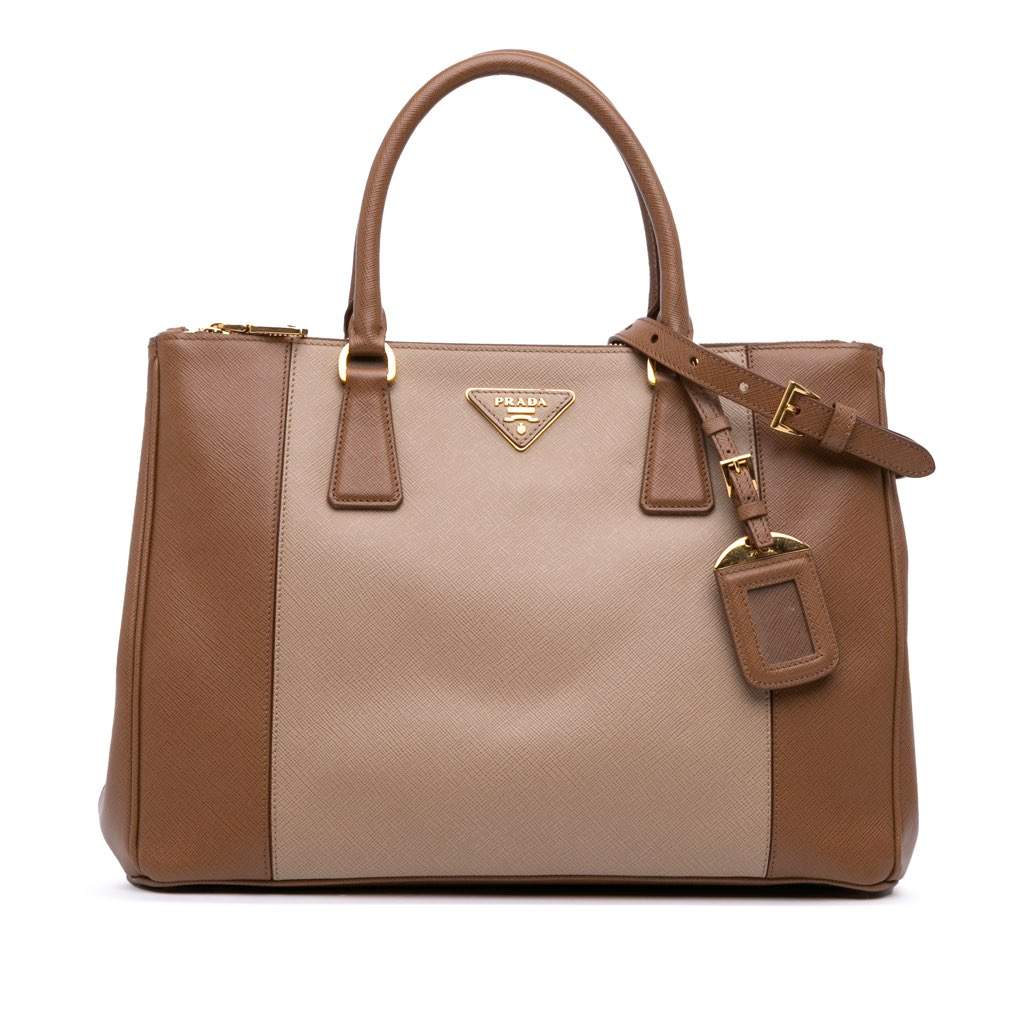 Prada Medium Bicolor Saffiano Lux Galleria Double Zip Satchel Brown Leather Fair - Front View