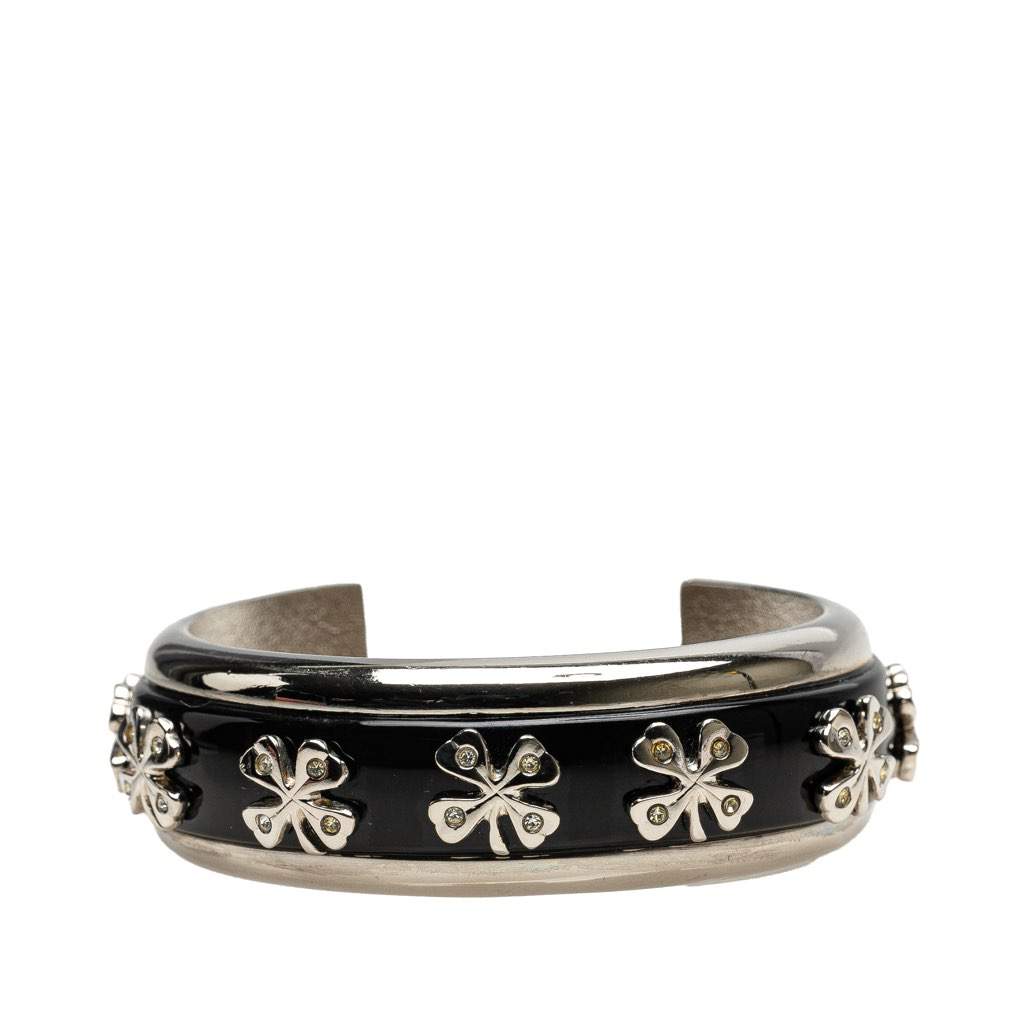 Chanel Silver Plated Enamel Rhinestone Clover Cuff Bracelet Silver Brass Good condition - Front View