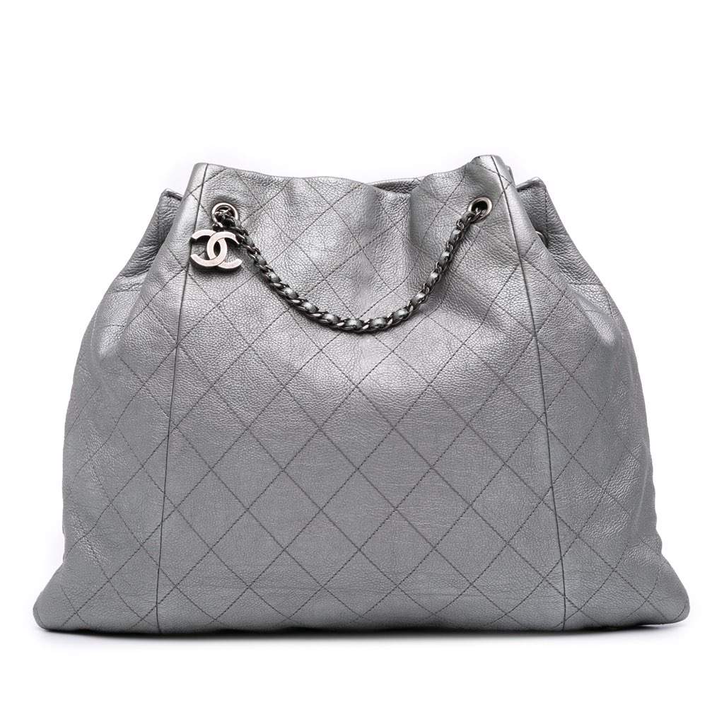 Chanel Metallic Quilted Calfskin Drawstring Bucket Bag Silver Leather Good - Front View