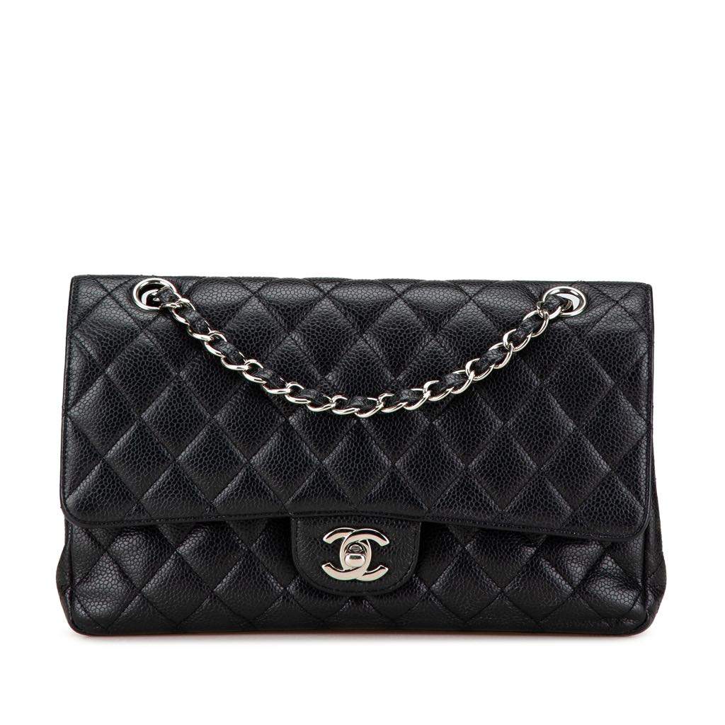 Chanel Medium Classic Caviar Double Flap Black Leather Good - Front View