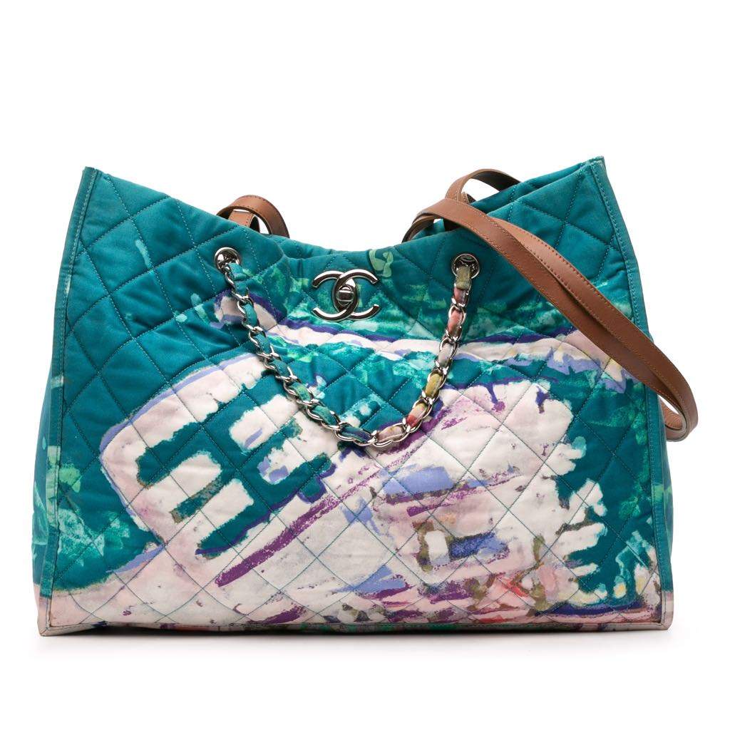 Chanel CC Quilted Nylon Graffiti Watercolour Shopping Tote Blue Good condition - Front View