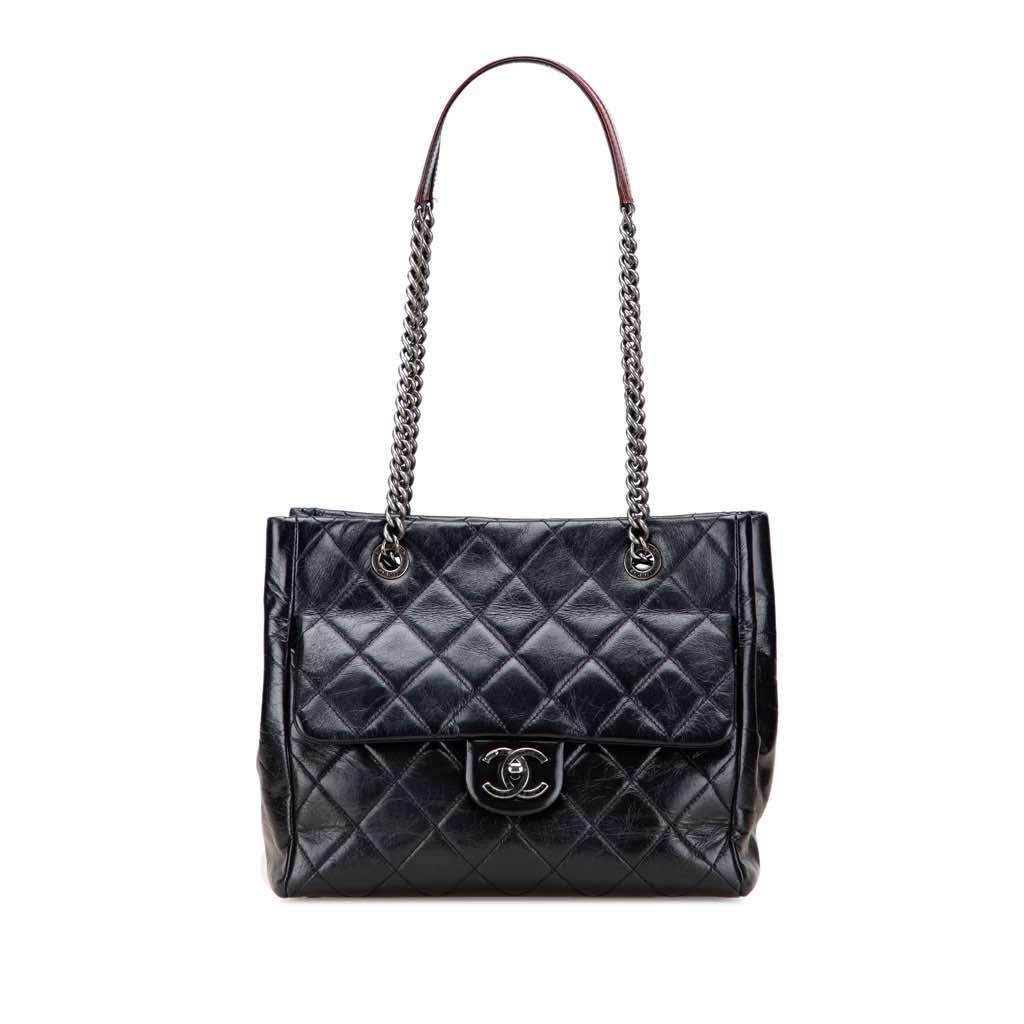 Chanel Small Quilted Glazed Calfskin Duo Color Tote Black Leather Very good condition - Front View