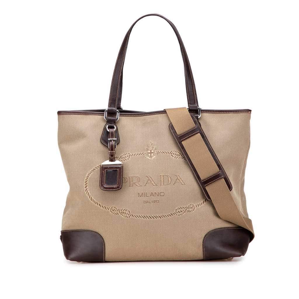 Prada Leather Trimmed Canvas Canapa Logo Satchel Brown Canvas Good - Front View