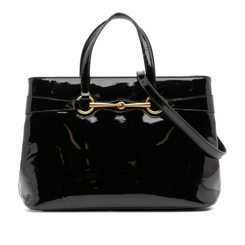 Gucci Patent Bright Bit Satchel Black Leather Fair - Front View