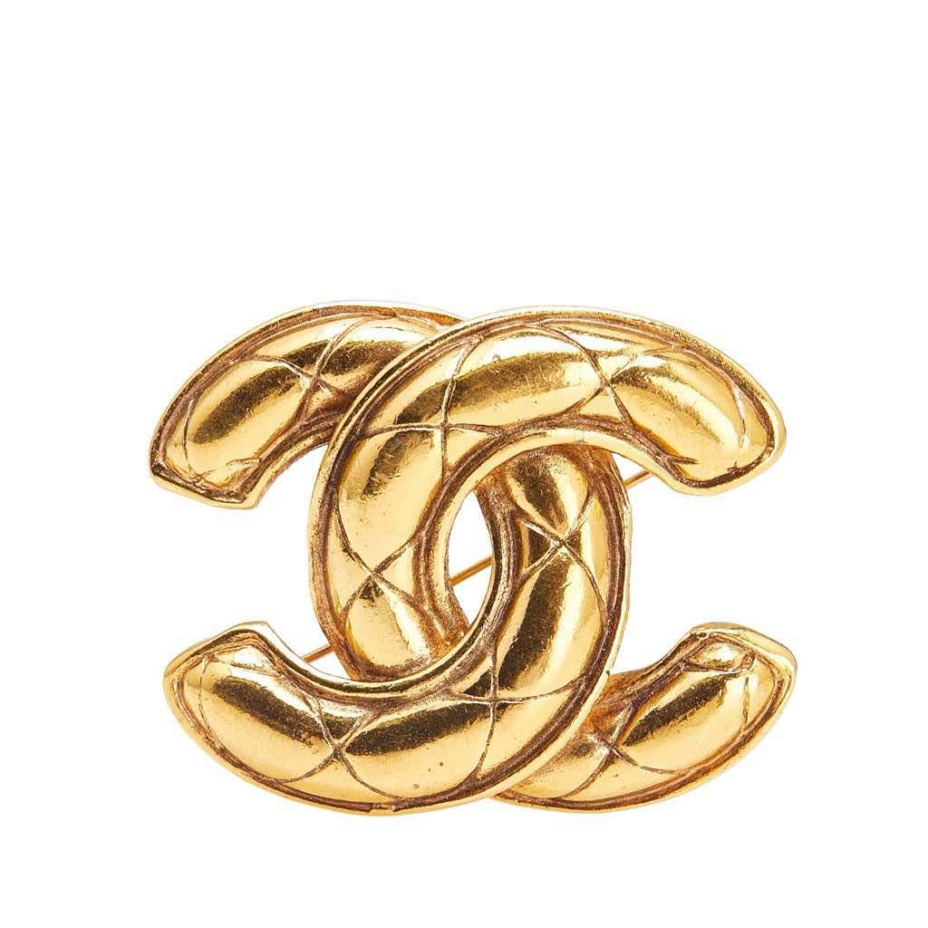 Chanel Gold Plated CC Quilted Brooch Gold Metal Good - Front View