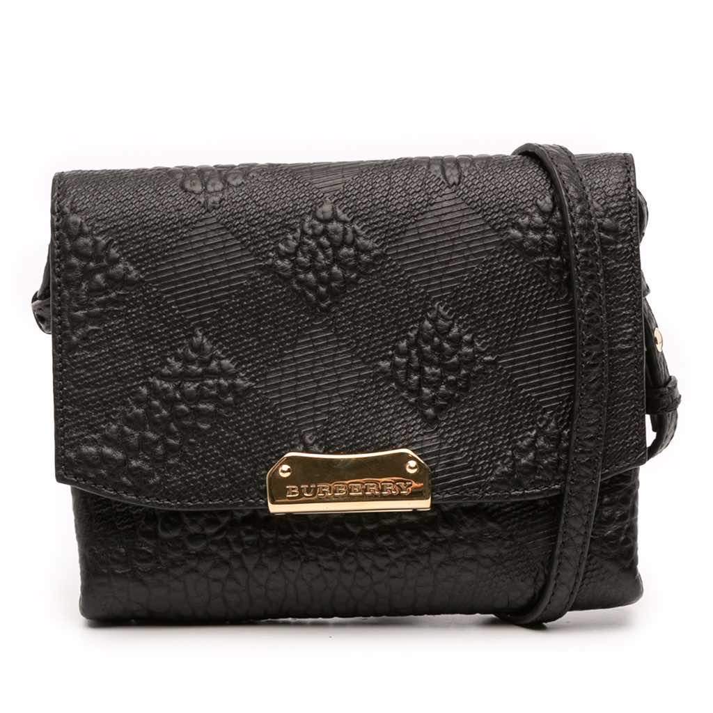 Burberry Embossed Grain Check Leather Langley Crossbody Black Leather Good - Front View