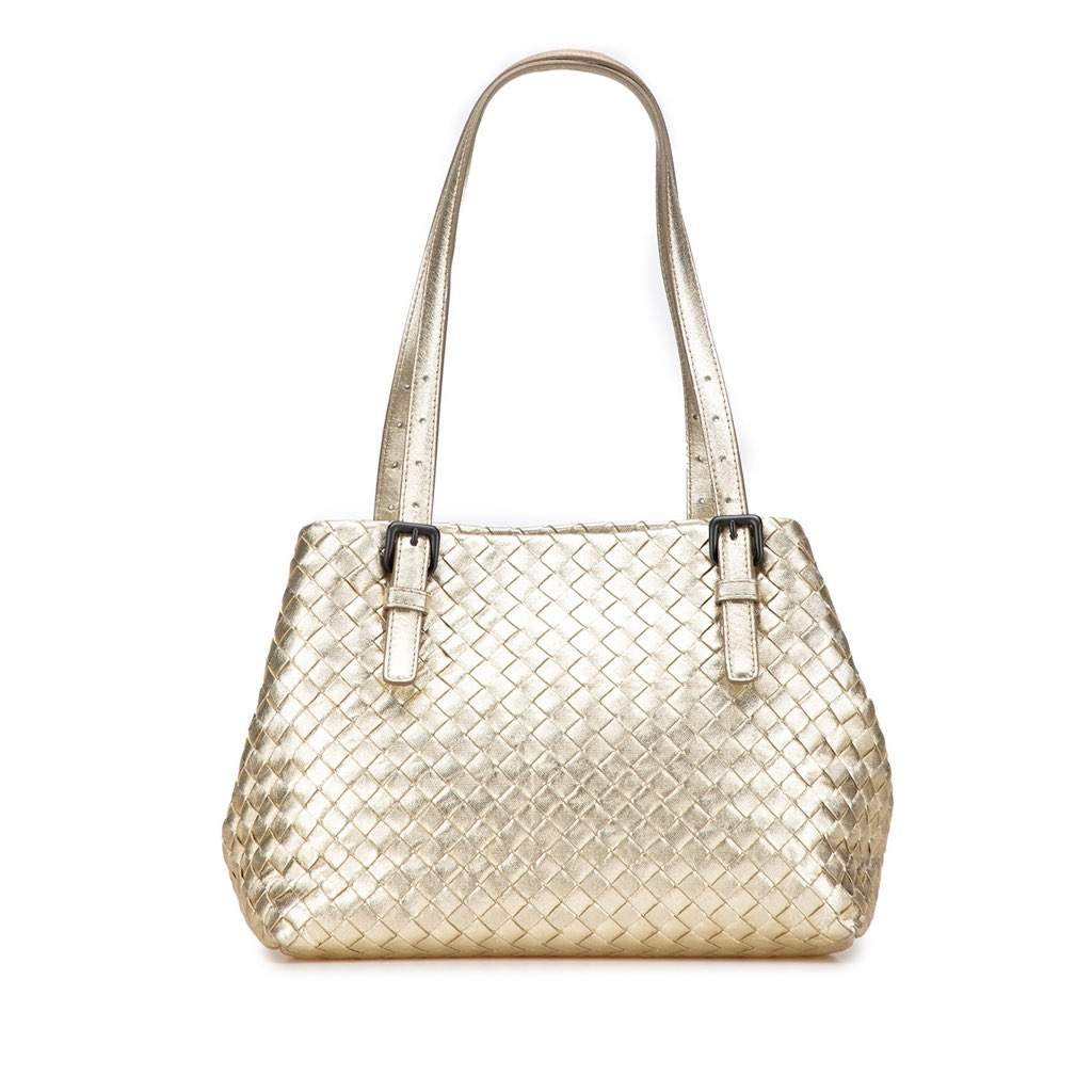 Bottega Veneta Small Metallic Nappa Intrecciato Cesta Tote Gold Leather Good - Front View