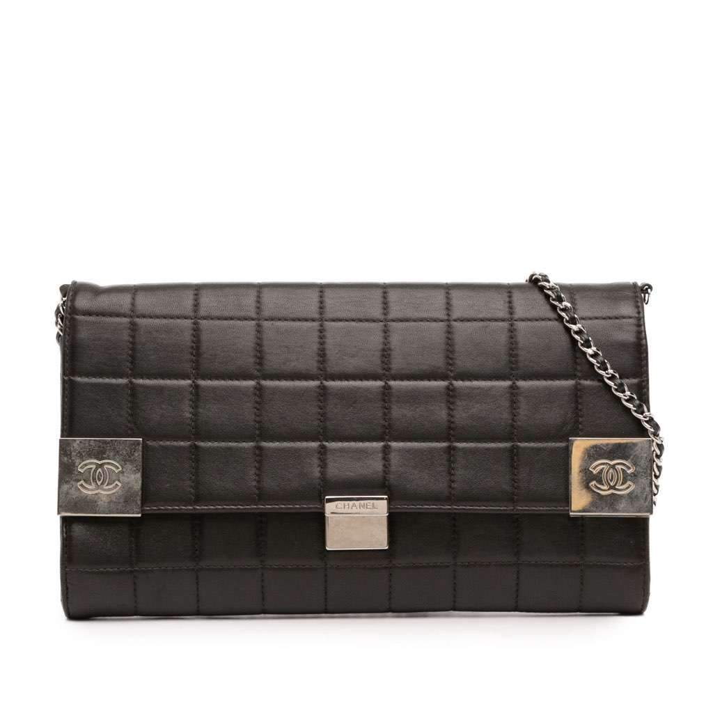 Chanel Quilted Lambskin Chocolate Bar Shoulder Bag Black Leather Good - Front View