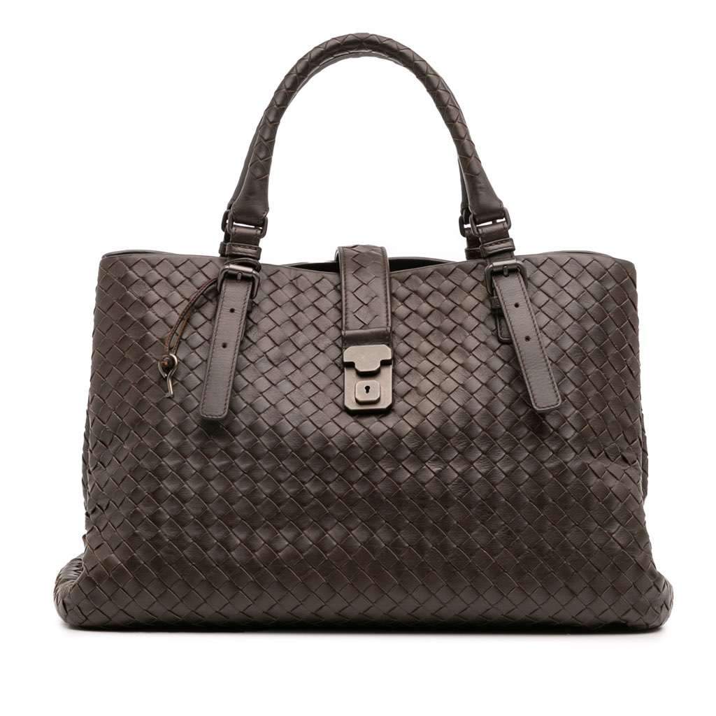 Bottega Veneta Medium Nappa Intrecciato Roma Tote Brown Leather Good - Front View