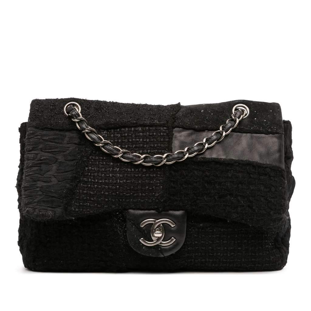 Chanel Jumbo Patchwork Tweed Flap Black Tweed Good - Front View