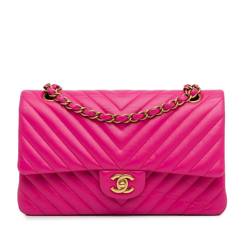 Chanel Medium Chevron Lambskin Double Flap Pink Leather Good - Front View