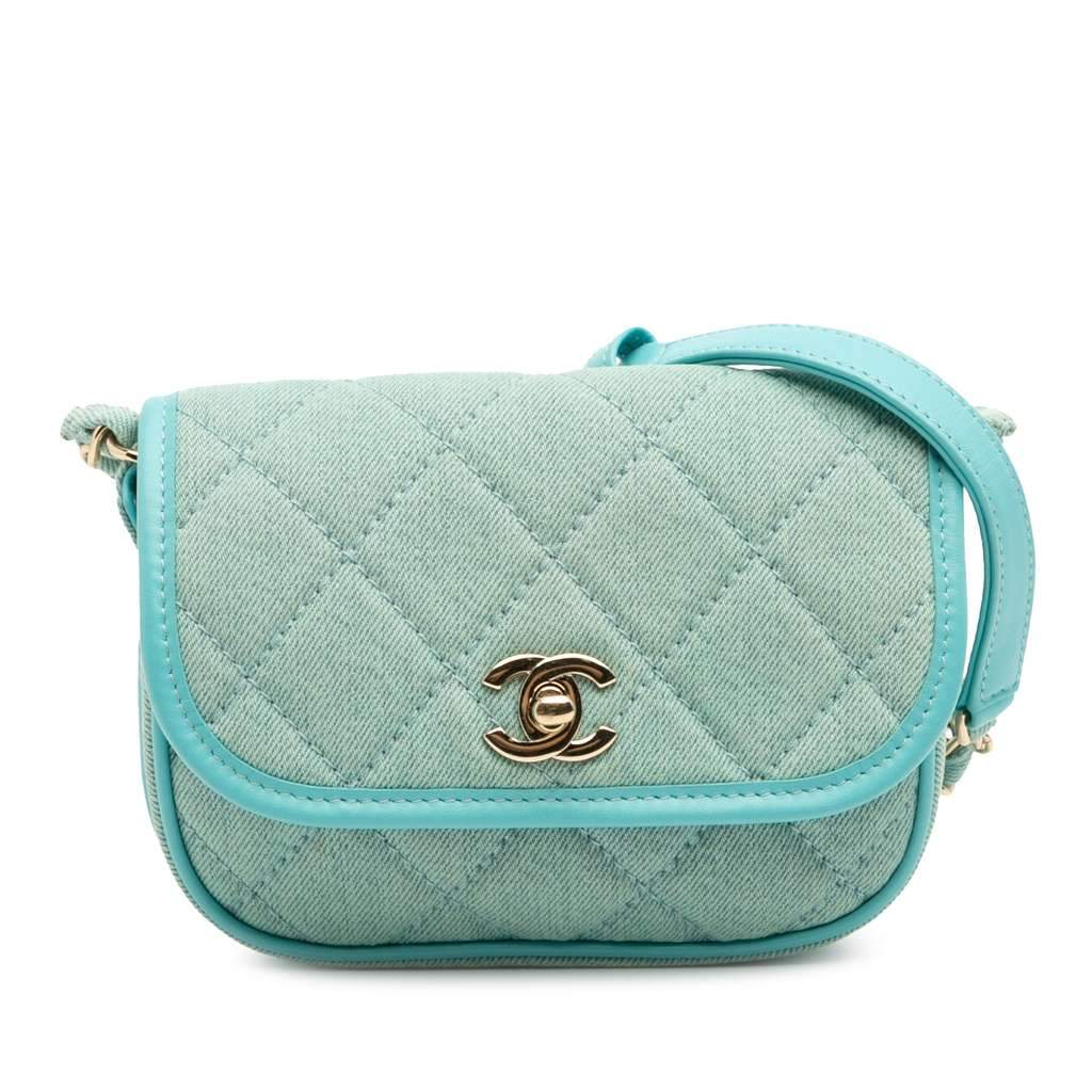 Chanel Mini CC Quilted Denim Messenger Flap Blue Denim Good - Front View