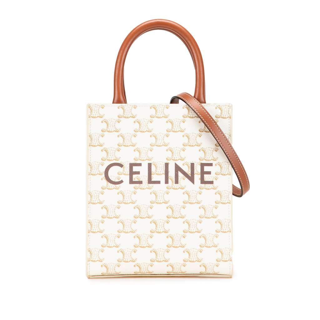 Celine Mini Triomphe Coated Canvas Vertical Cabas Satchel White Canvas Good - Front View