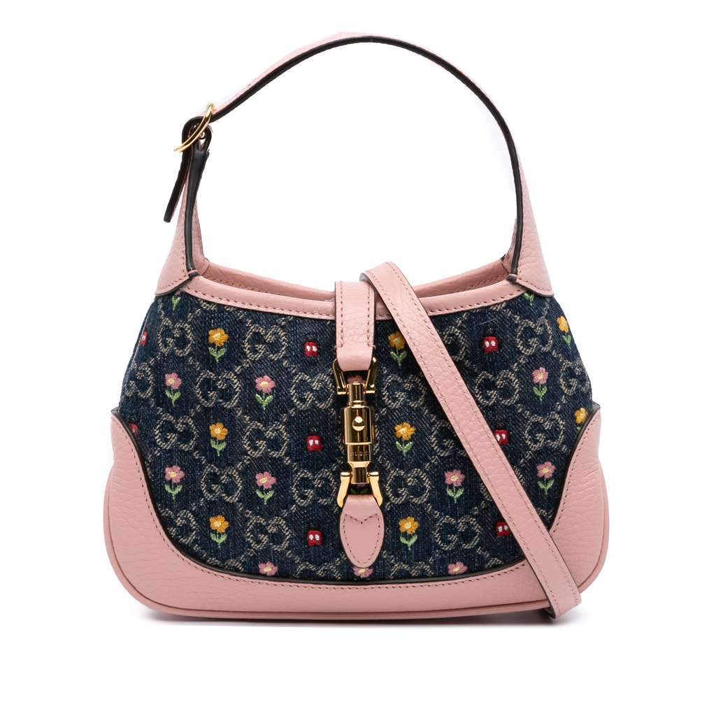 Gucci Limited Edition Mini GG Denim Embroidered Floral Jackie 1961 Crossbody Blue Denim Good - Front View
