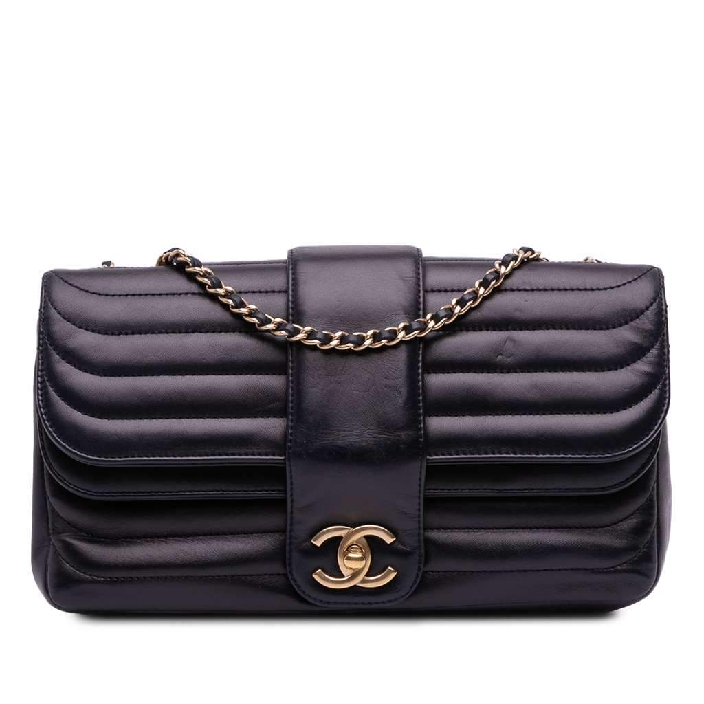 Chanel CC Horizontal Quilted Lambskin Double Flap Black Leather Fair - Front View