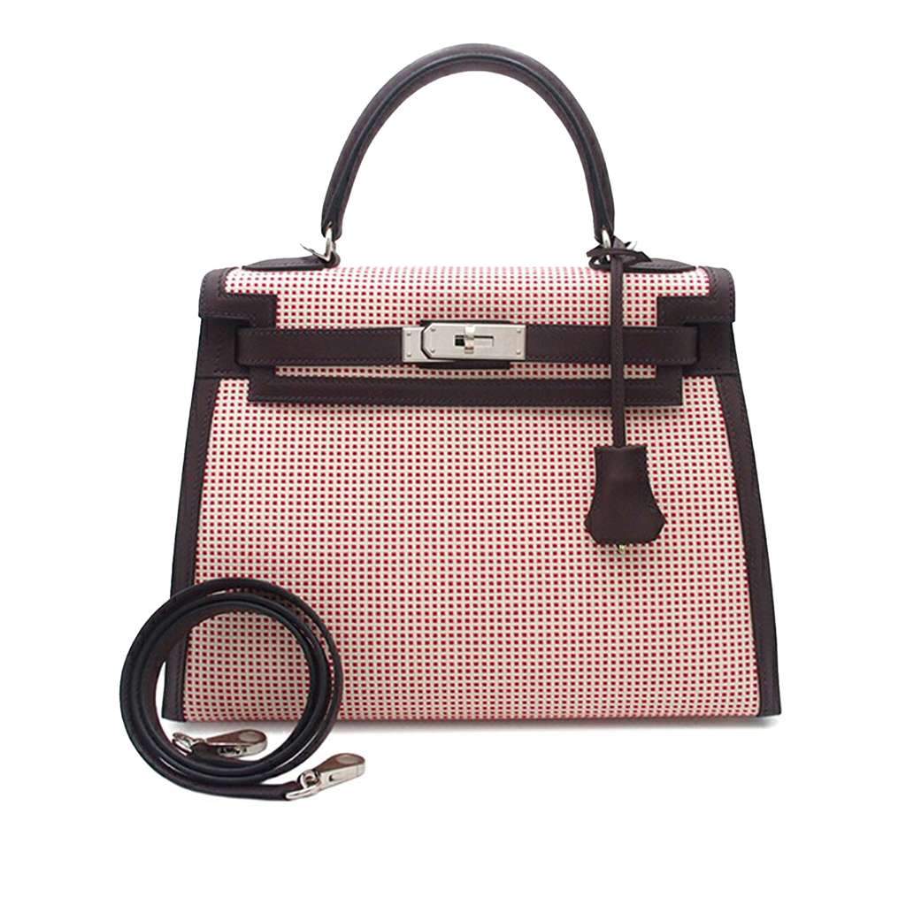Hermès Toile Quadrille and Swift Kelly II Sellier 28 Red Canvas Good condition - Front View