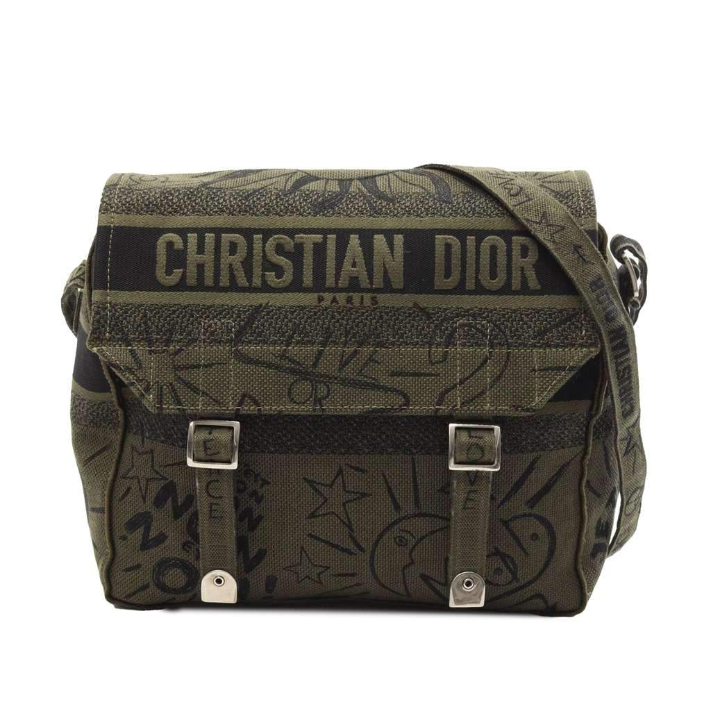 Dior Large Embroidered Canvas Graffiti Diorcamp Messenger Bag Green Canvas Good condition - Front View