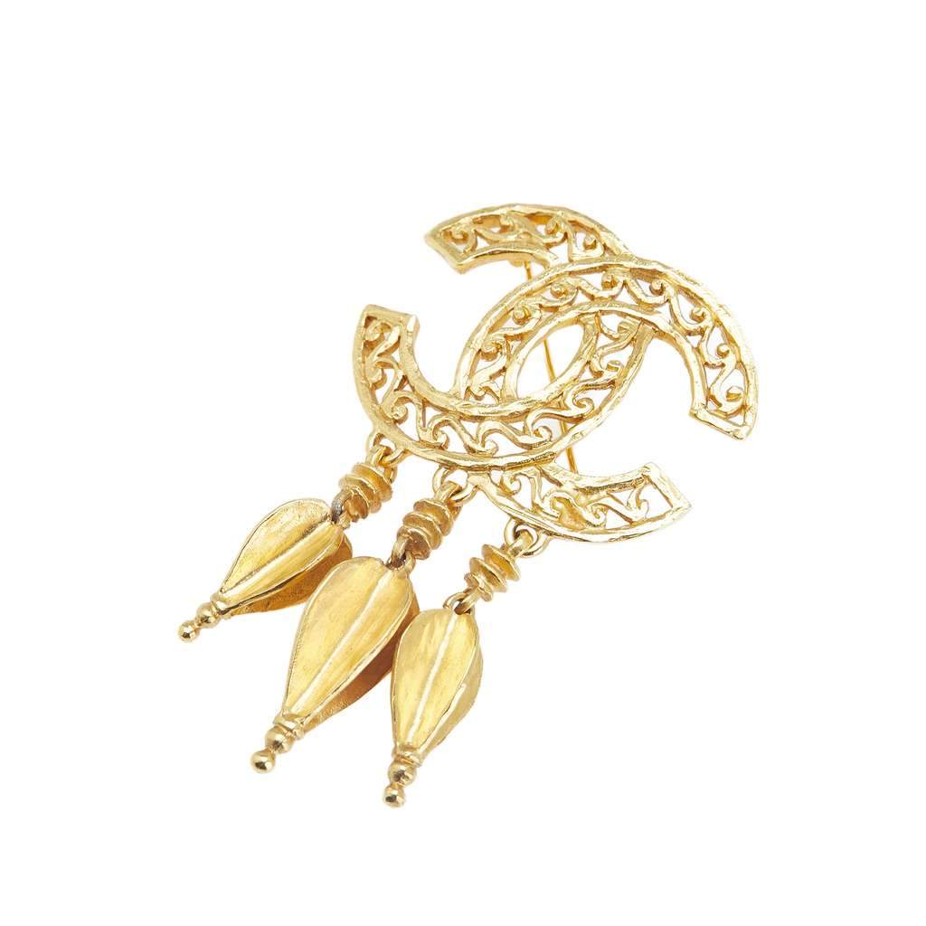 Chanel CC Gold Plated Fretwork Fringe Brooch Gold Metal Good - Front View