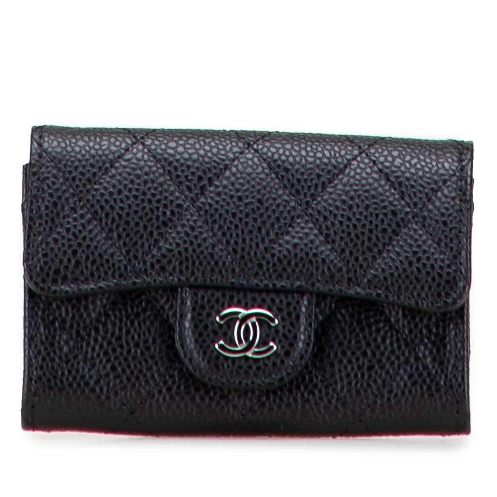 Chanel CC Quilted Caviar Flap Card Holder Wallet Black Leather Good - Front View