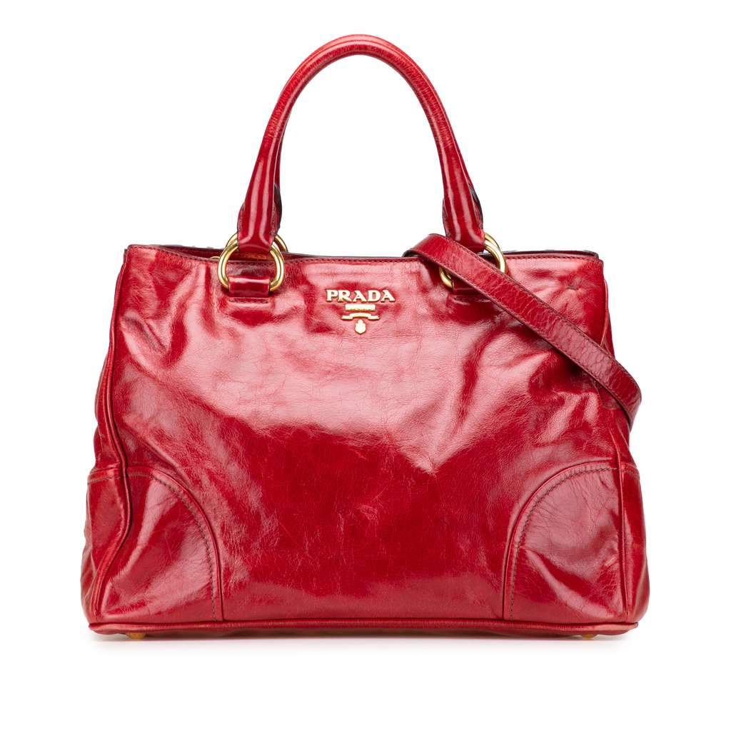 Prada Vitello Shine Satchel Red Leather Good - Front View
